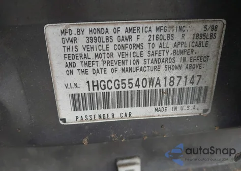 1998 Honda Accord Lx из США, поврежденный, VIN 1HGCG5540WA187147